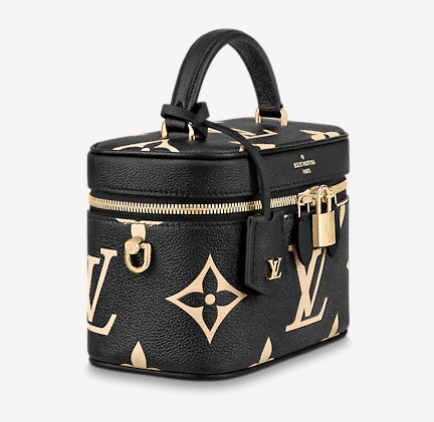 black and beige LV vanity pm bag with top handle